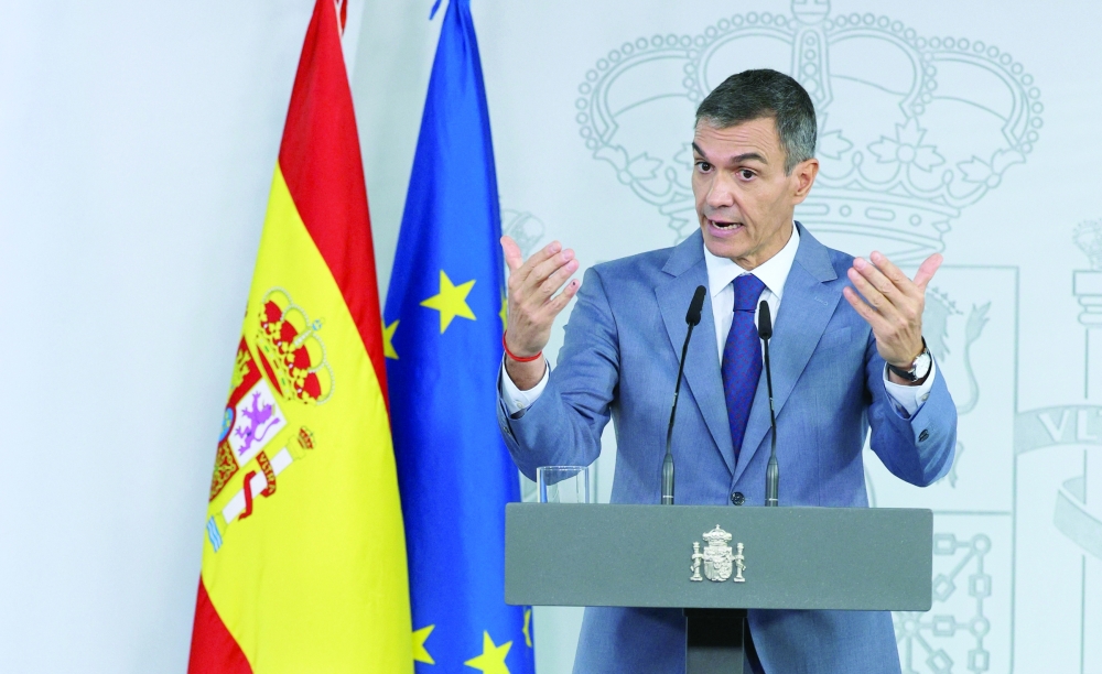Spain's PM Pedro Sanchez attends a press conference after cabinet meeting at Moncloa Palace, in Madrid. — Reuters