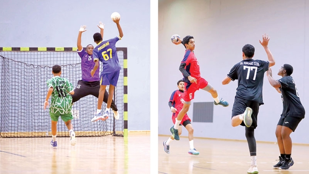 Al Ittihad and Masirah players compete for possession and Action from the Muscat vs Al Amerat match in the Youth Indoor Handball League. — Faiza al Balushi