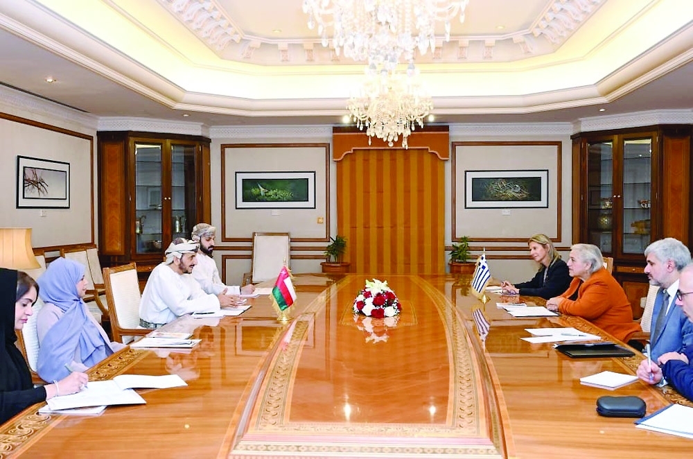 Shaikh Khalifa bin Ali al Harthi and Alexandra Papadopoulou chair the first round of Oman-Greece political consultations in Muscat. — ONA