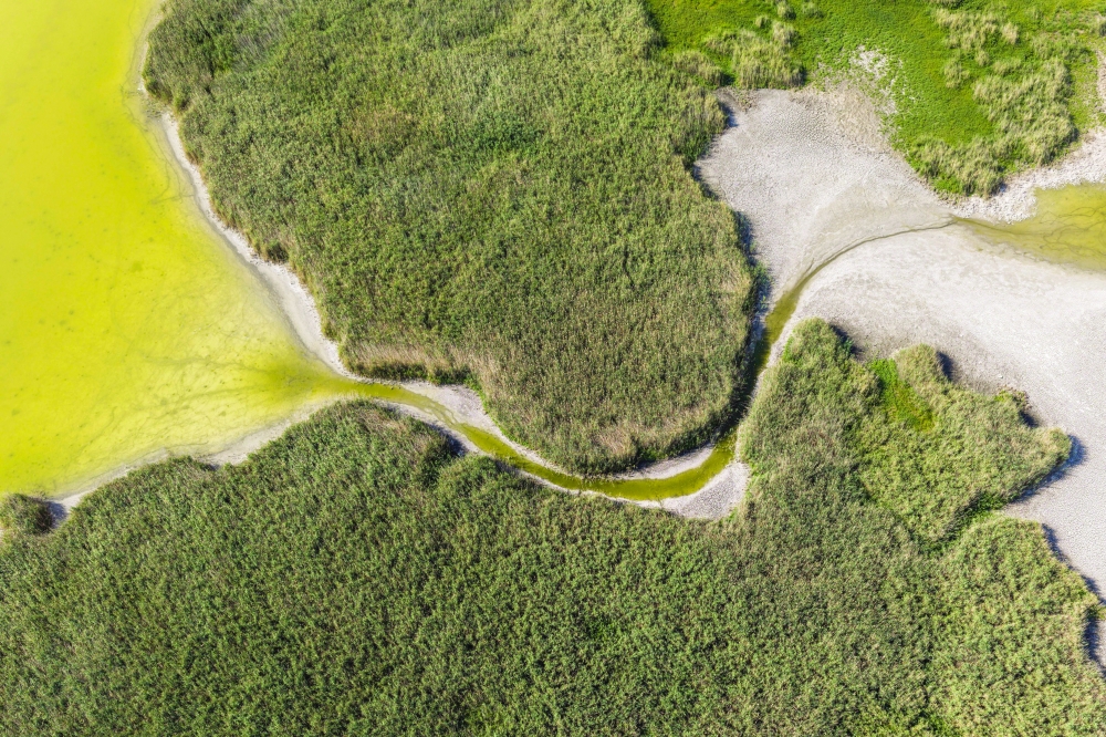 A drone view of Lake Velence, Hungary's third-largest lake, where years of drought and insufficient water retention have led to critically low water levels, in Velence, Hungary. - AFP
