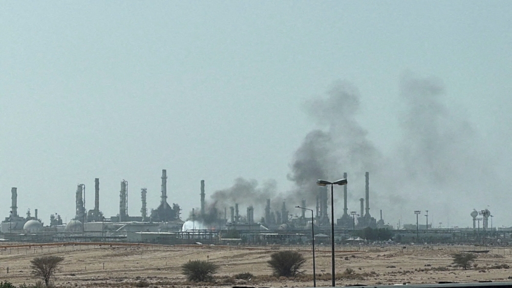 Smoke rises from a fire at the Aramco refinery south of Riyadh, Saudi Arabia, October 3, 2026. 