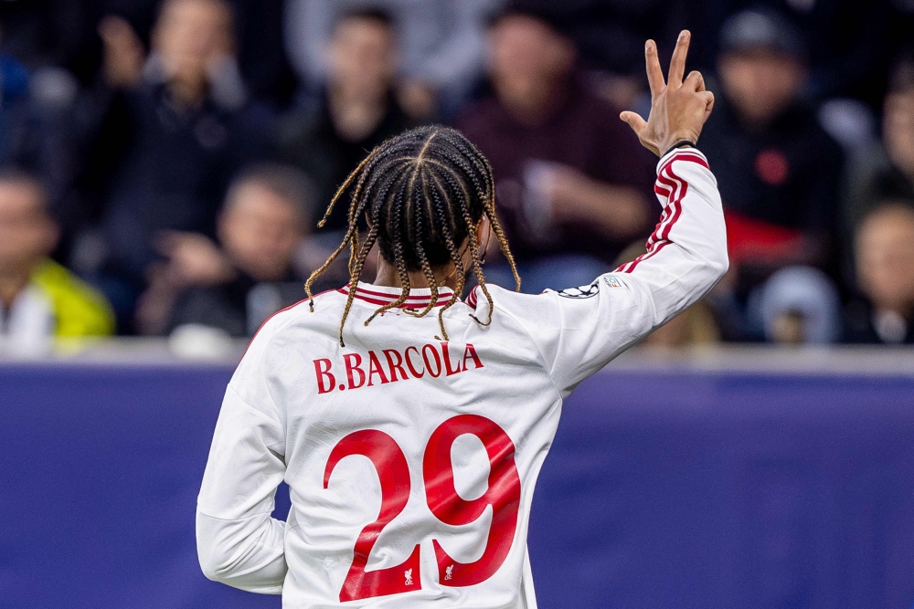 Liverpool's French midfielder #29 Bradley Barcola celebrates scoring his hattrick