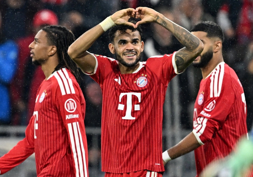  
Bayern Munich's Luis Diaz celebrates scoring their fourth goal  