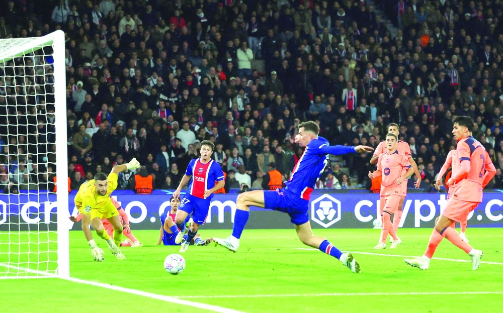 Paris St Germain's Fabian Ruiz scores their fourth goal against FC Barcelona during the Uefa Champions League match in Paris. — Reuters