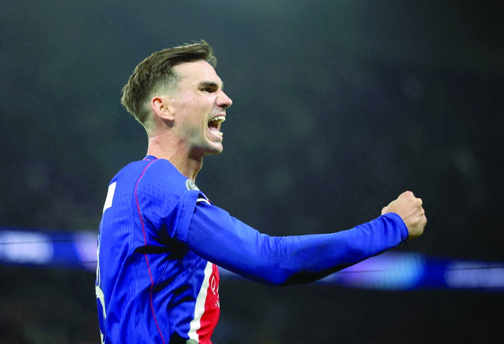 Paris St Germain's Fabian Ruiz celebrates scoring their fourth goal at Parc des Princes in Paris. — Reuters