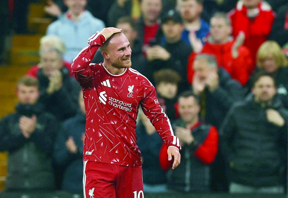Liverpool's Alexis Mac Allister celebrates scoring their third goal against Villarreal at Anfield, Liverpool. — Reuters