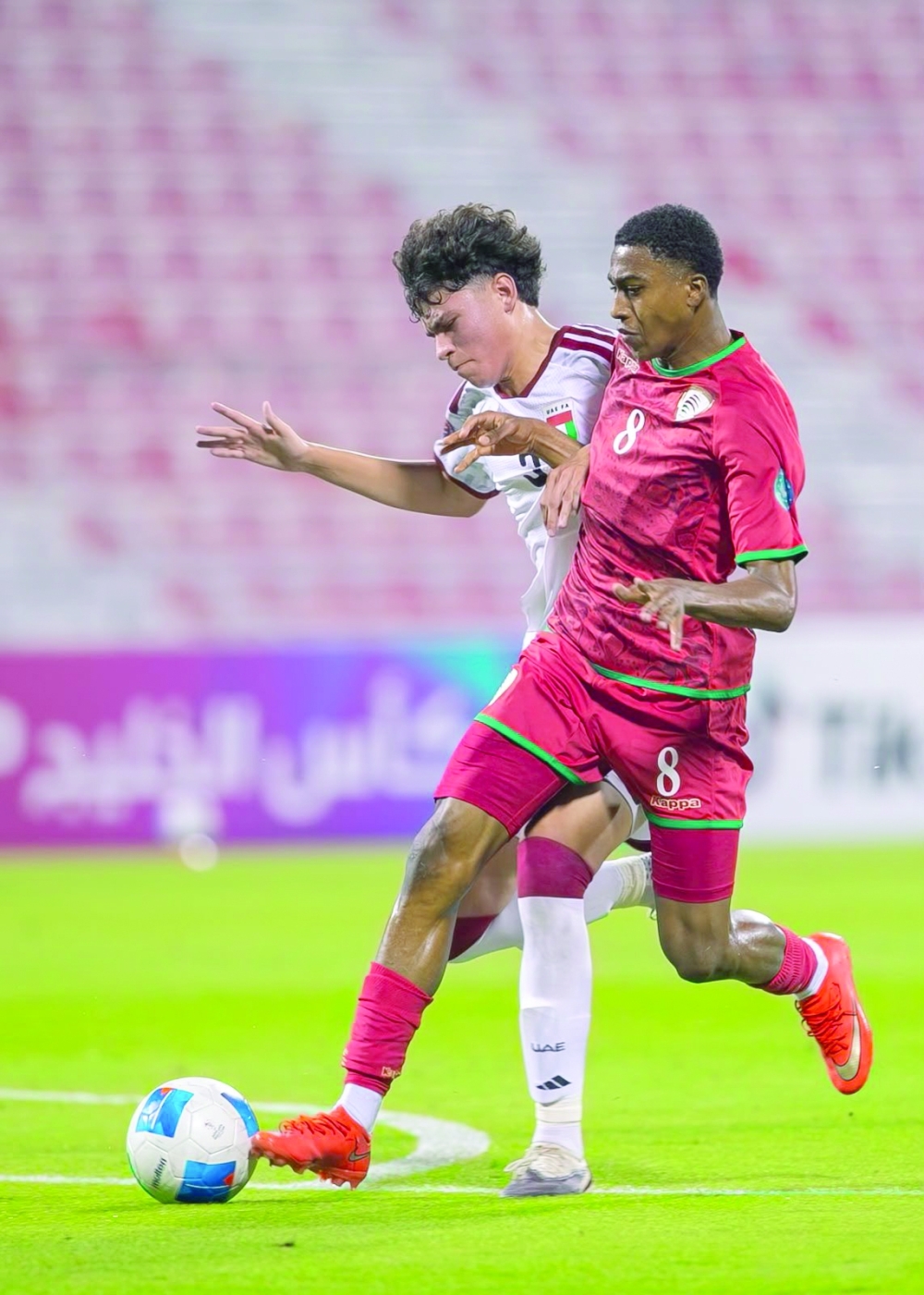 Oman and UAE players fight for the ball during the U17 Gulf Cup Qatar 2026 in Doha.
