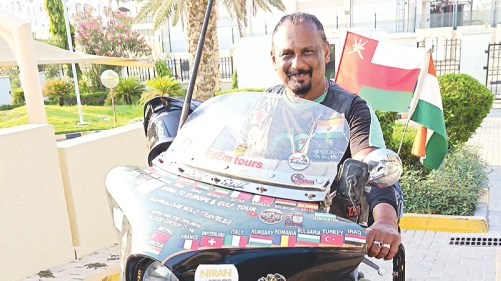Sharat Siri arrives in Oman after travelling through 38 countries on his Royal Enfield motorcycle.