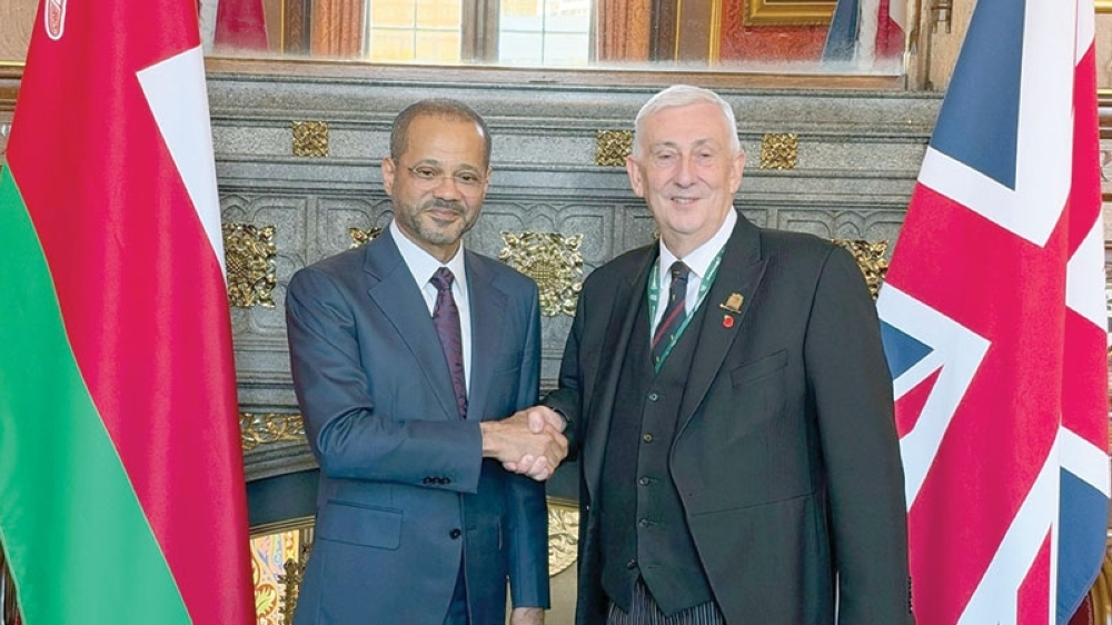 Sayyid Badr bin Hamad al Busaidi, Foreign Minister, with Sir Lindsay Hoyle, Speaker of the British House of Commons, in London, on Tuesday.