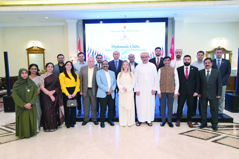 Mohamed Maliki, Ambassador of Morocco to India and Dean, Arab Diplomatic Corps in New Delhi; with Charm Majolica, Director, The Diplomatic Club of Oman; and Issa Saleh Alshibani, Oman Ambassador to India