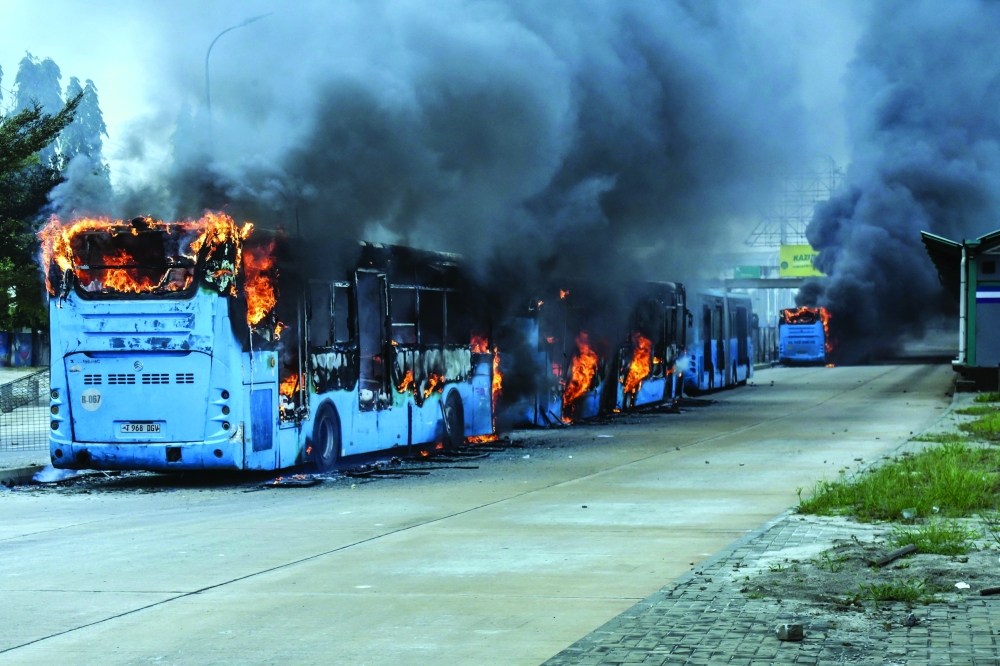 Public buses are set ablaze during clashes in Dar es Salaam on October 29, 2025, during Tanzania’s presidential elections. — AFP File Photo