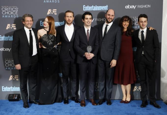 Gary Gilbert, Emma Stone, Ryan Gosling, Damien Chazelle, Mary Zophres and Jordan Horowitz, costume designer Mary Zophres and composer Justin Hurwitz pose with their award during the 22nd Annual Critics' Choice Awards in Santa Monica
