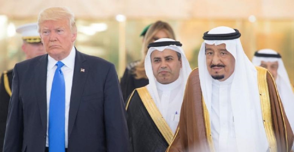 Saudi Arabia's King Salman bin Abdulaziz Al Saud stands next to U.S. President Donald Trump during a reception ceremony in Riyadh