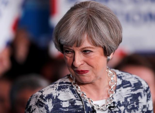Britain's Prime Minister Theresa May speaks at an election campaign event in Solihull