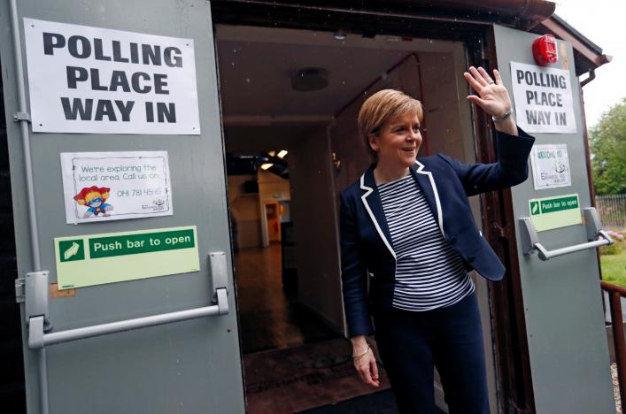 Nicola Sturgeon, First Minister of Scotland, waves after voting in Glasgow