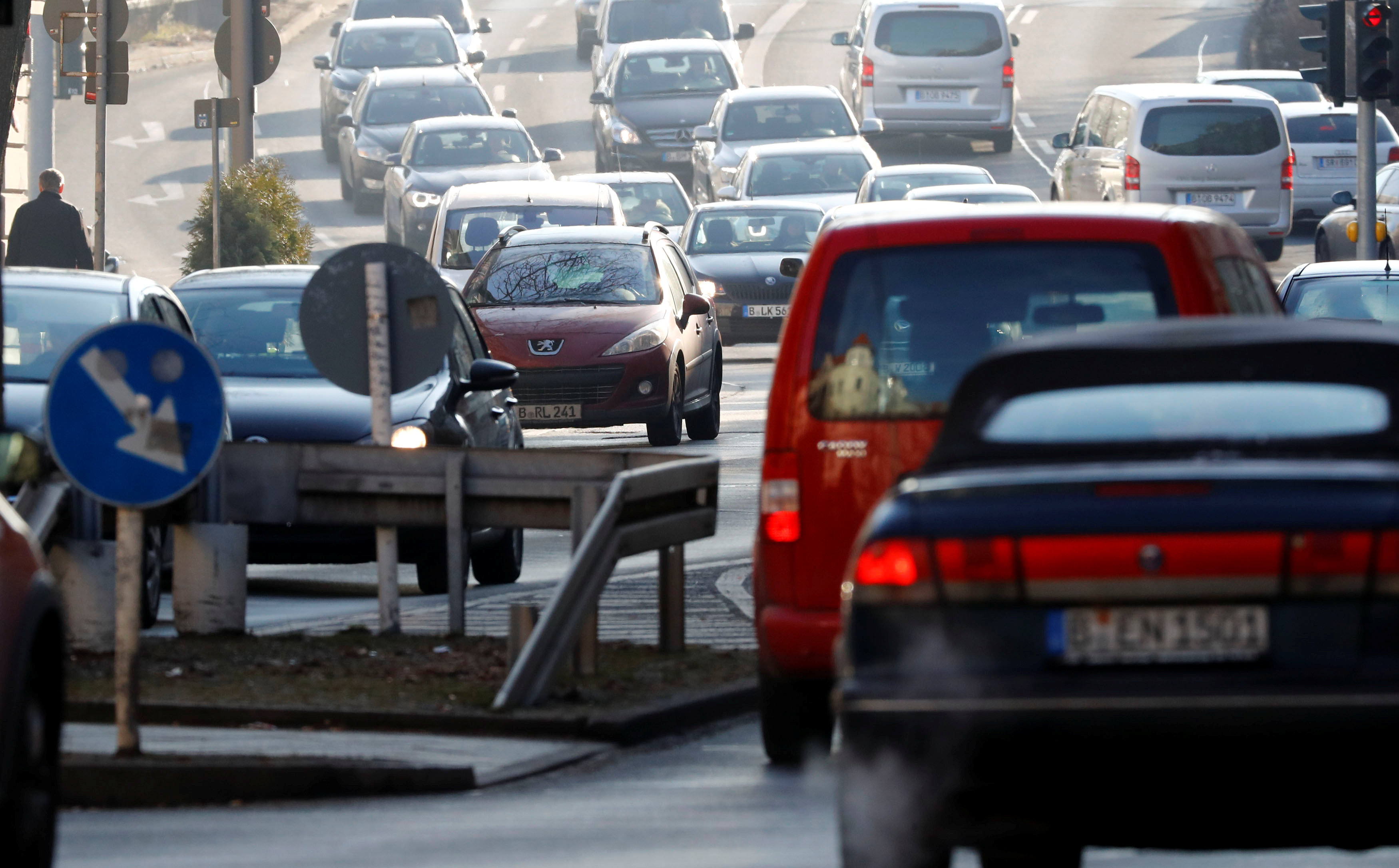 Cars are pictured during morning rush hour at Schildhorn Street in a Berlin