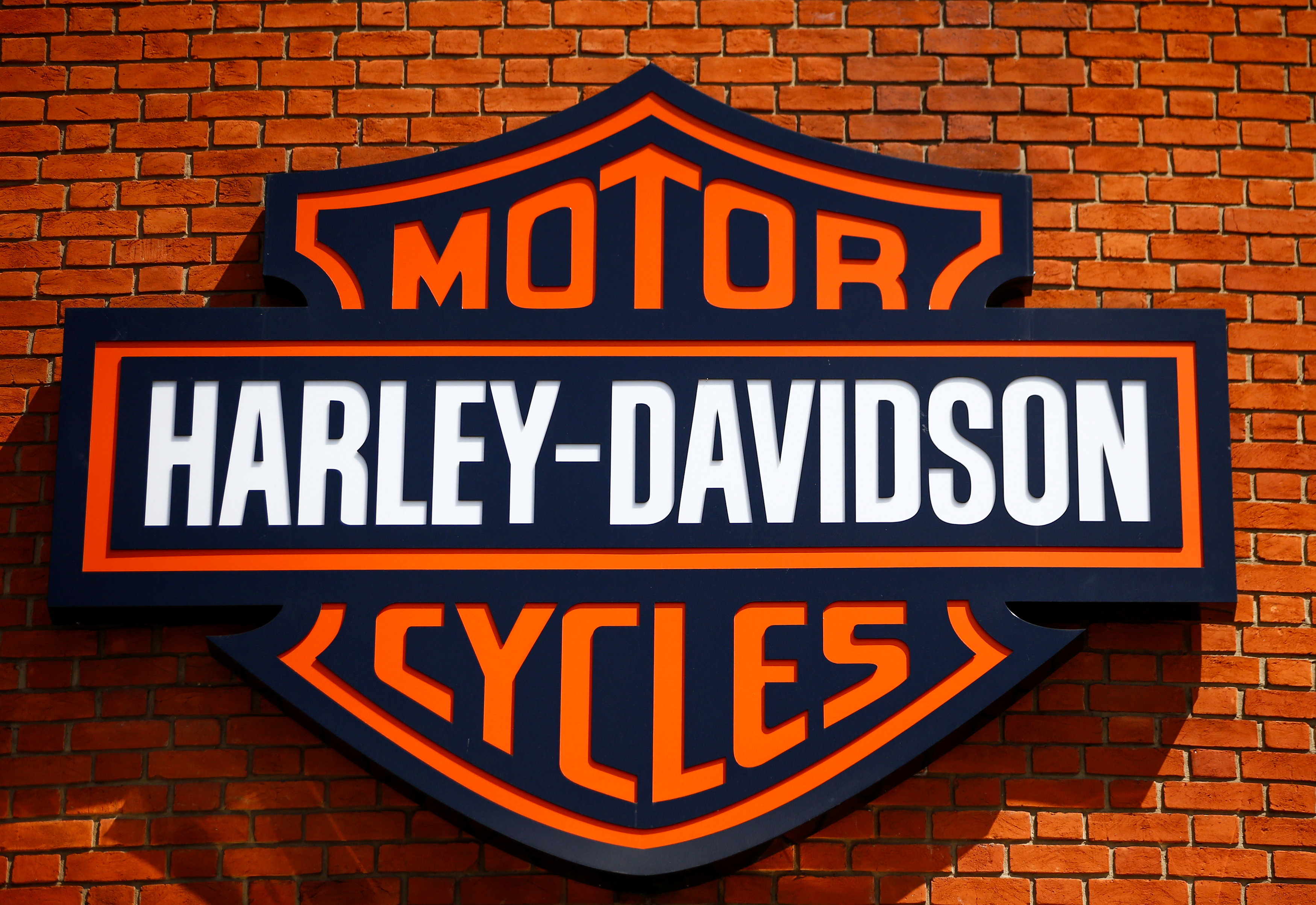 The Harley Davidson logo is seen at a showroom in London