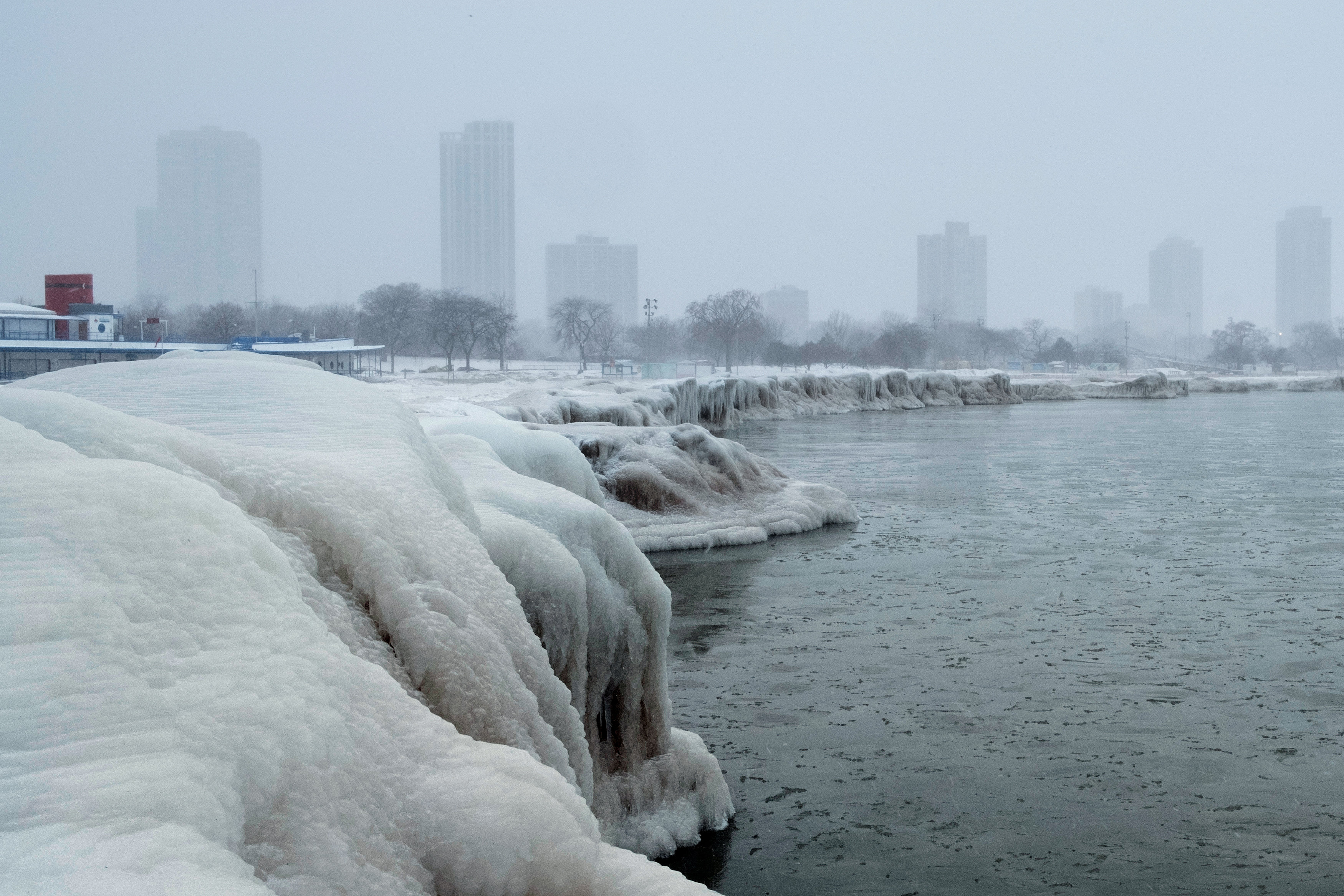 The city skyline is seen from the North Avenue Beach at Lake Michigan as bitter cold phenomenon called the polar vortex has descended on much of the central and eastern United States
