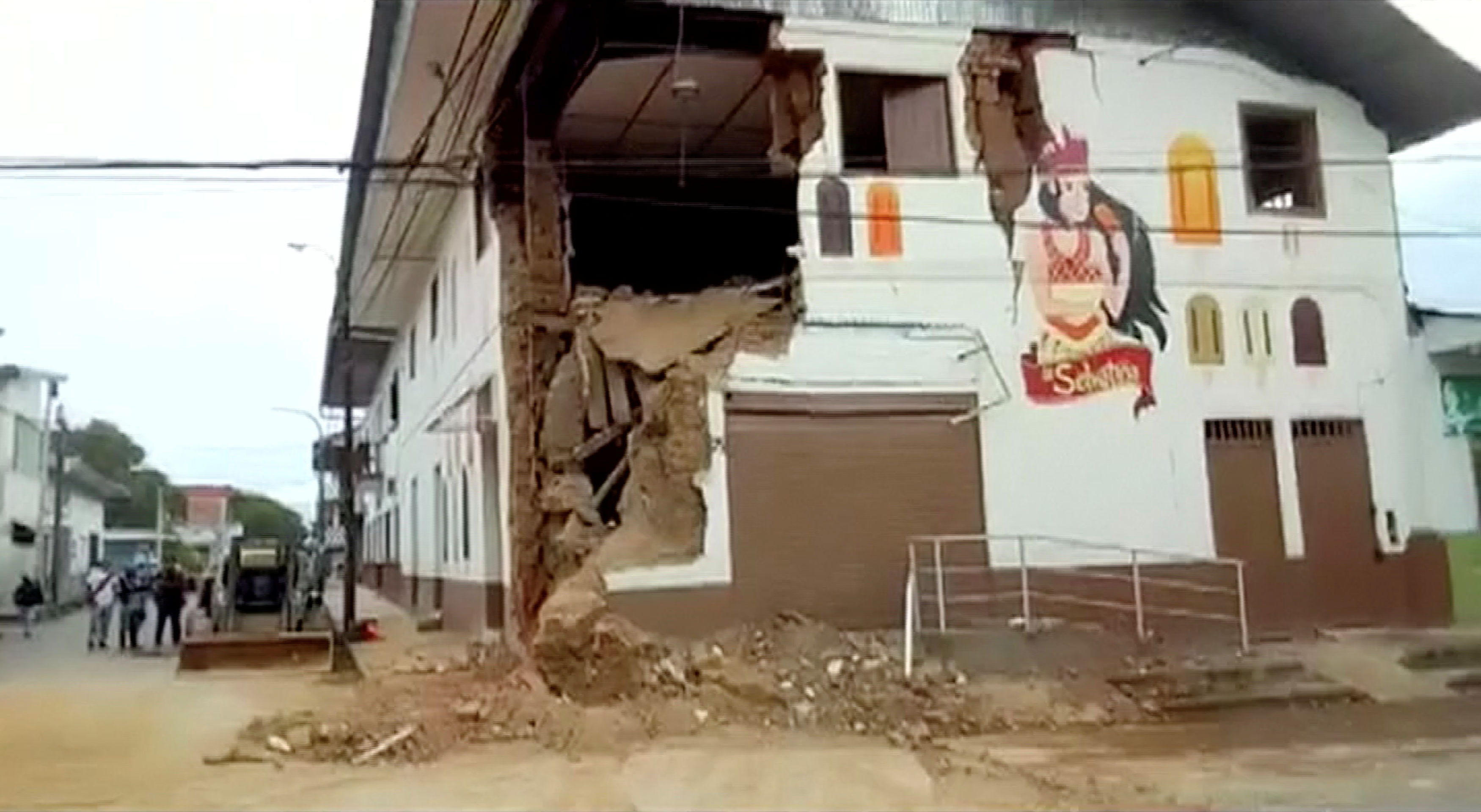 A damaged building is seen after an earthquake in Yurimaguas