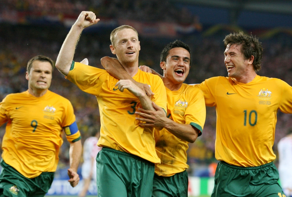FILE PHOTO: Australia's Craig Moore (2nd L) celebrates his goal against [Croatia] with team mates Harry Kewell (..