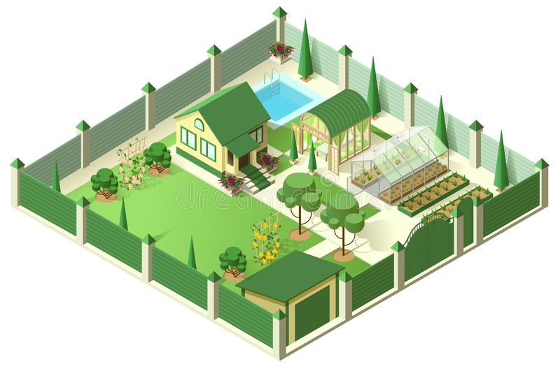 private-house-yard-plot-land-behind-high-fence-isometric-d-illustration-isolated-white-vector-140589175